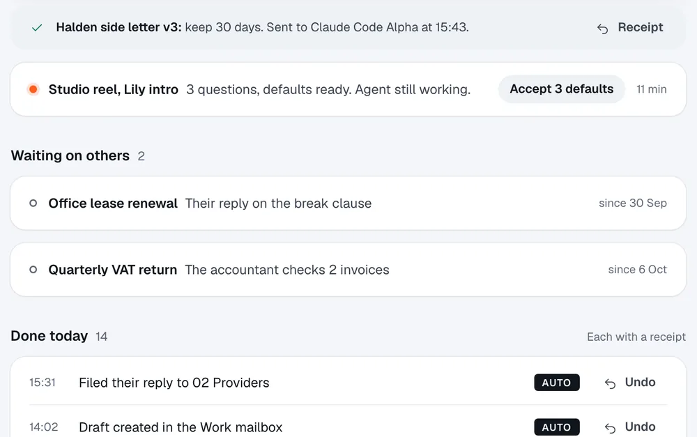 Answered in place: keep 30 days, sent to Claude Code Alpha at 15:43, with a receipt. Below, a batch of 3 questions with defaults ready, and Done today with Undo on each line.