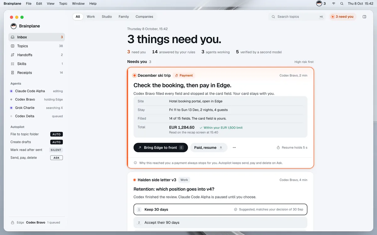 The Brainplane Inbox on a Mac. Headline: 3 things need you. A payment card for a December ski trip waits for a check, with the total read from the recap screen.