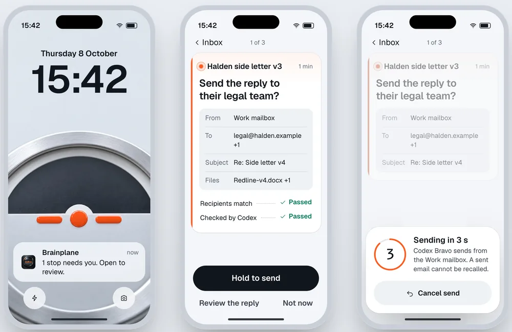 3 iPhone screens. A lock screen alert that names nothing. A send approval with recipients checked, and a Hold to send button. A 5 second countdown with Cancel send.